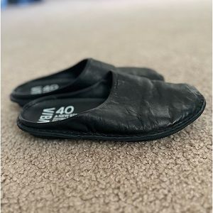 Leather slides. Very comfortable, cushioned sole. Like new. Limited use.